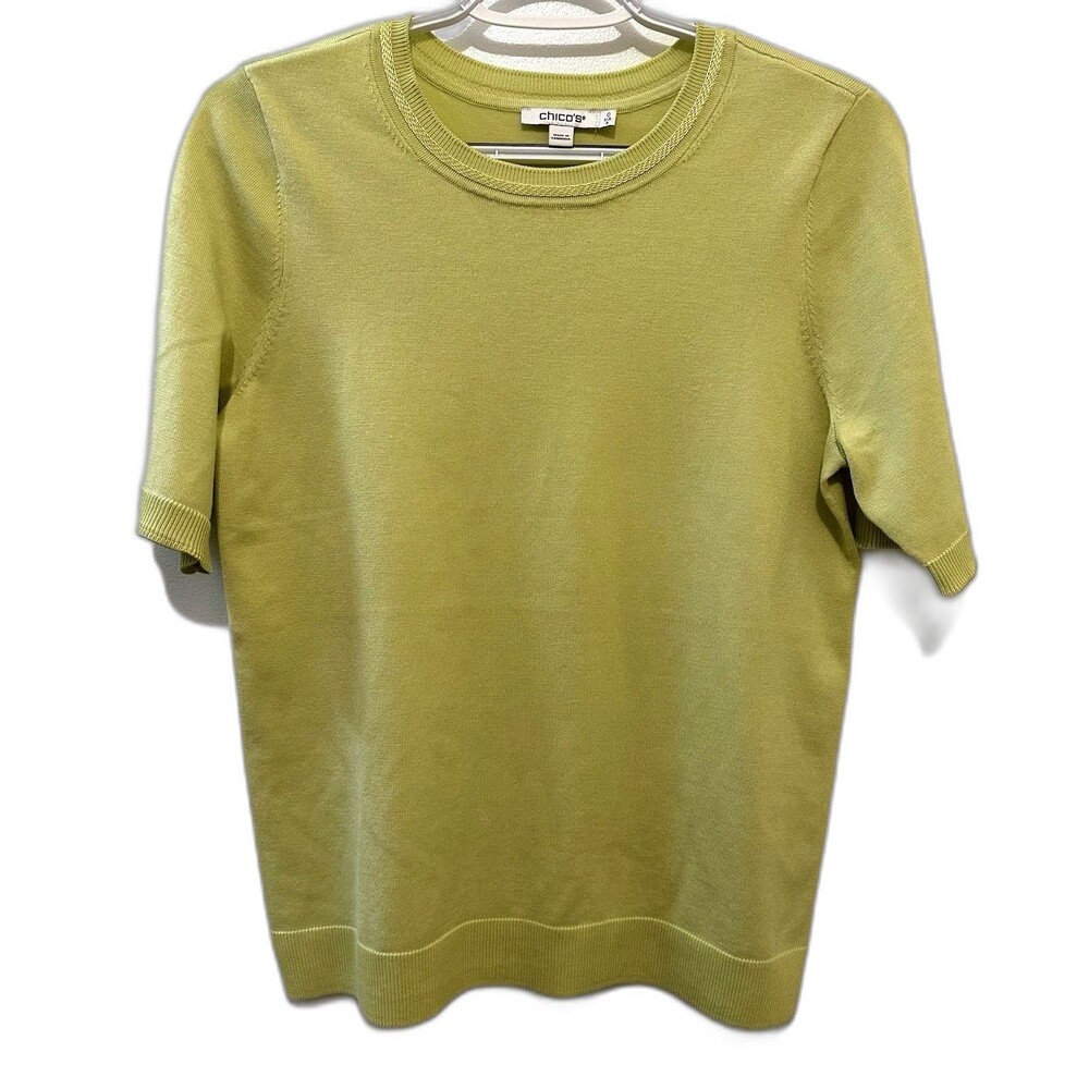 Chico’s 0 (S) Light Green Short Sleeve Knit Sweater Tee Rib Trim Soft Stretch
